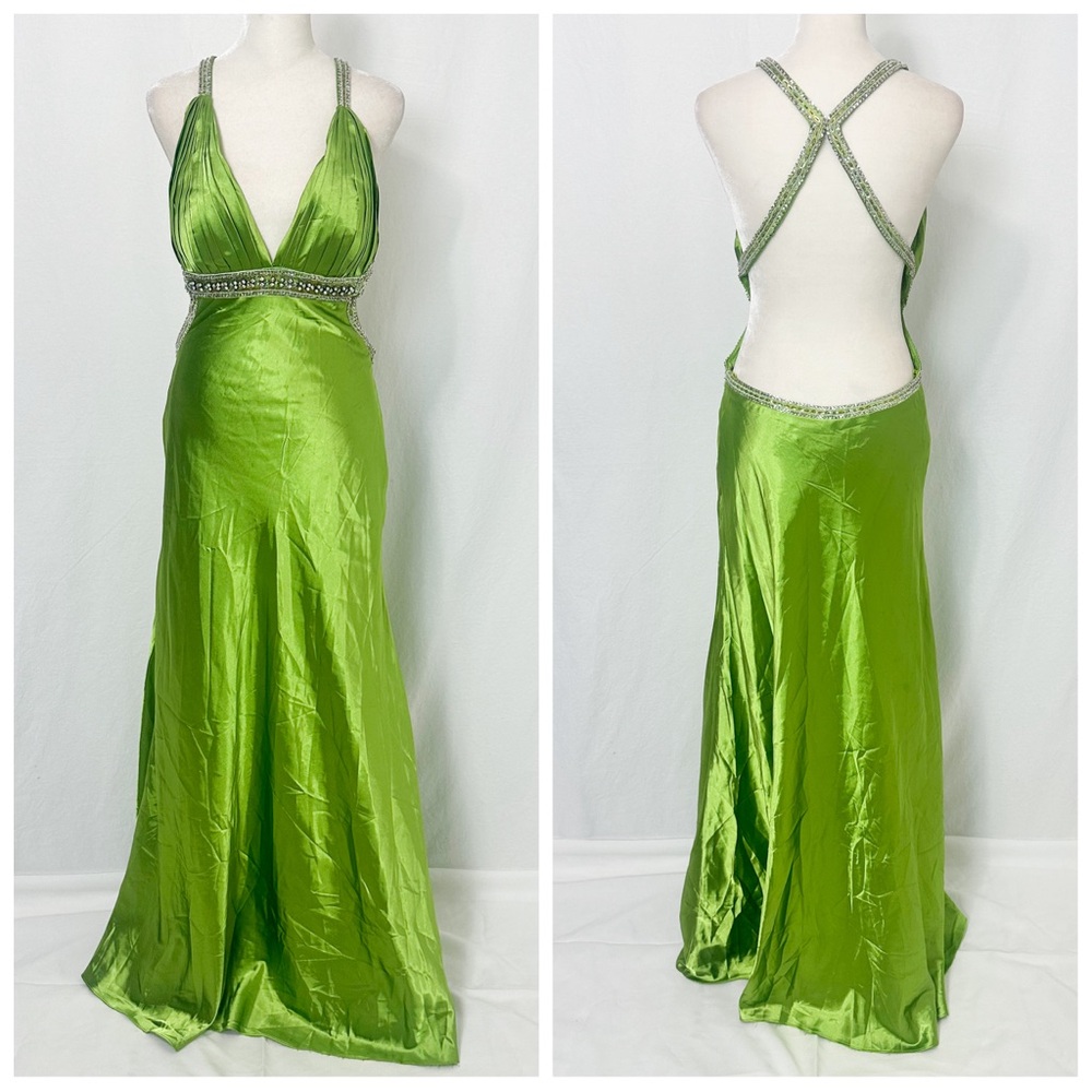 May Queen Lime Green Backless Evening Gown with Beaded Straps